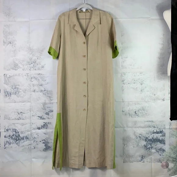 Marina Rinaldi Puro Lino Linen Green Contrast Trim Side Slit Button Midi Dress - Picture 1 of 15